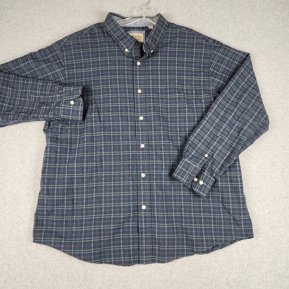 Haggar Button Down Mens XXL Navy Blue Green Plaid Stretch Classic Fit Shirt